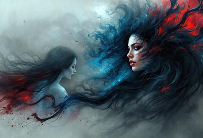 The primary subject of the image is a woman with long, flowing hair. She is depicted in a painting or drawing, with a blue and red color scheme. The setting is a cloudy sky, and the visual style is artistic, with the woman's hair appearing as a flowing, swirling mass of color. The overall atmosphere of the image is dramatic and captivating.